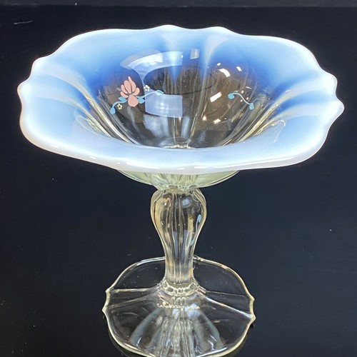 Rare Fenton Glass French Opal Footed Compote Vase Dish White Opalescent Painted - Picture 2 of 12