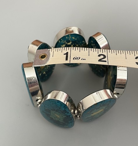VTG Silver Tone Lucite? Turquoise-Yellow-Unknown Material-Panel Stretch Bracelet - Picture 12 of 12