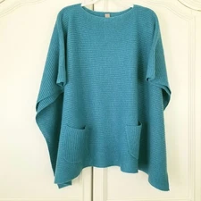 J. Jill Teal Wool Blend Ribbed Knit Open Poncho With Pockets One Size
