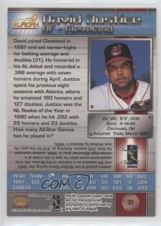 1998 Pacific Aurora David Justice #30 - Image 2 of 2