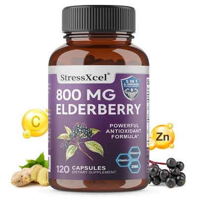 5-in-1 Elderberry 800mg with Vitamin C, D, Zinc & Ginger, 30/60/120 Capsules