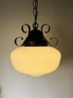Art Deco White Milk Glass Hanging Schoolhouse Pendant Light With Chain Plug In
