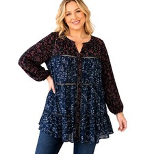 Lucky Brand Floral Boho Top Womens Size 1X Navy Red Mixed Print Tunic Blouse