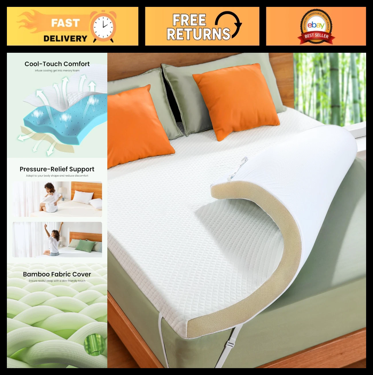 3" Cooling Gel Memory Foam Mattress Topper - Soft Cover, CertiPUR-US, Oeko-TEX,
