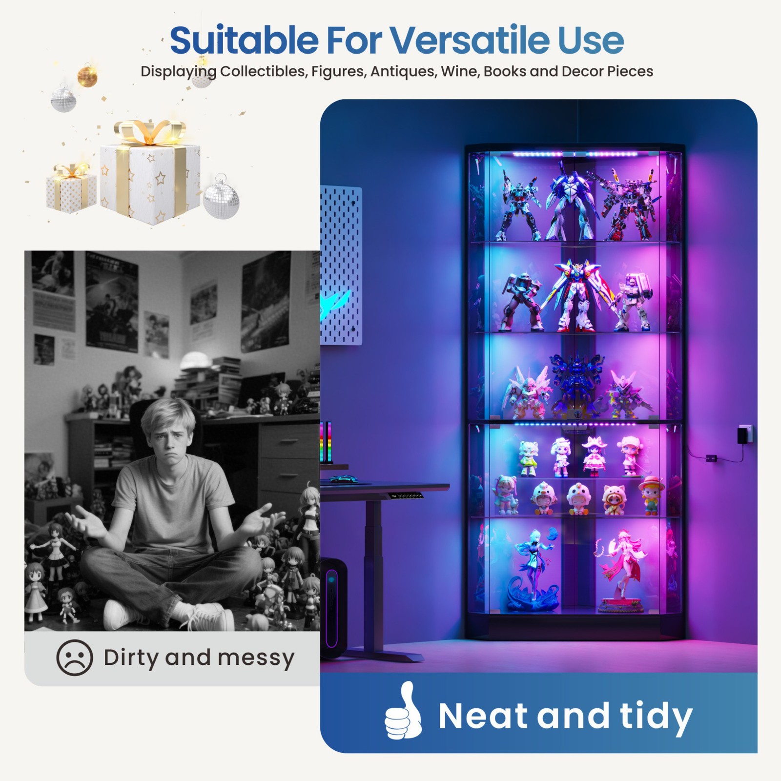 Corner Display Cabinet with LED Lights, 5-Tier Curio Cabinet with Glass Doors