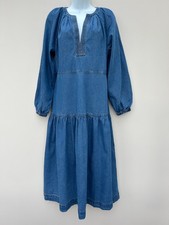 Per Una M & S Blue Denim Tiered Long Sleeve Midi Dress UK 10  Boho Casual NEW