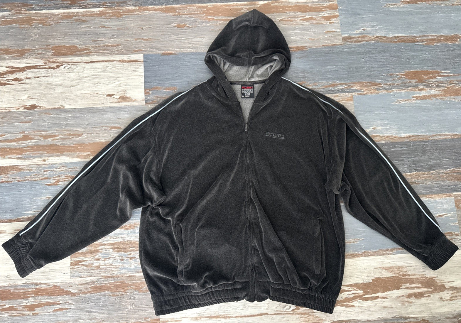 Vintage FUBU Velour Track Jacket Full Zip Pockets Mens XL Gray Hooded Gym Grunge