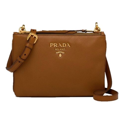 Prada Vitello Phenix Cannella Brown Leather Crossbody Bag NWT