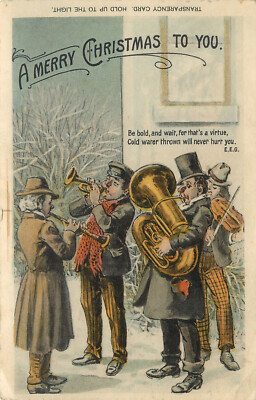 #ad Hold To Light Christmas Postcard Man In Window Pours Water On Band Playing Carol $27.19