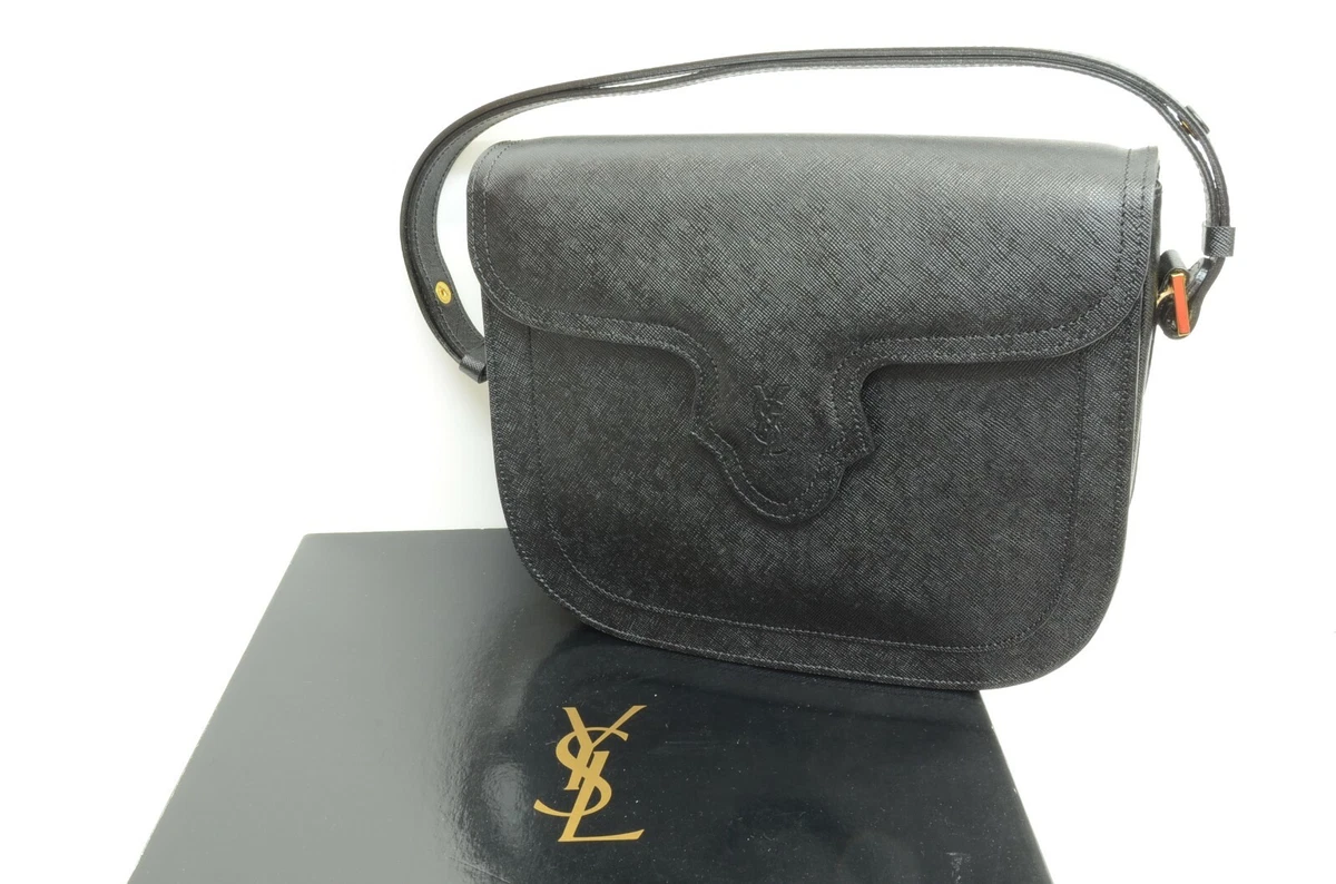 Authentic YSL Leather Shoulder Bag GP Fold Magnet Black Vintage Purse with  Box