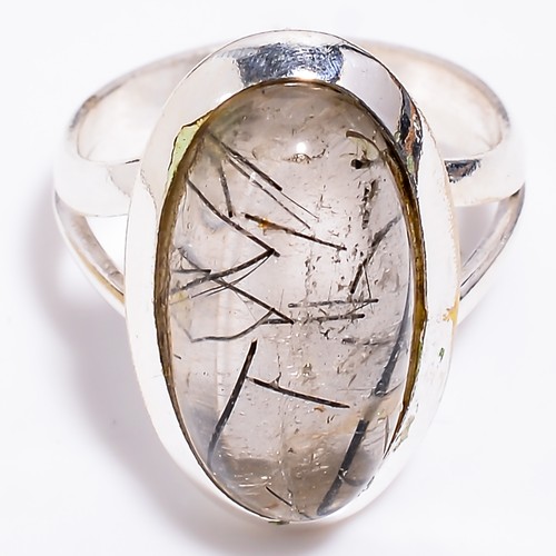 Black Rutile Quartz Ethnic Style Handmade .925 Silver Plated Ring 6.75 US GSR49 - Picture 2 of 3