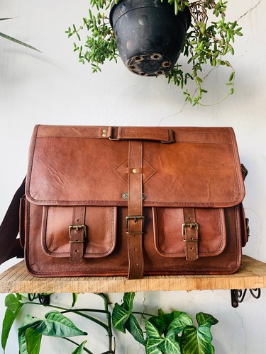 Men's 18" Polished Leather Messenger Real Satchel Genuine Laptop Brown Briefcase - Picture 4 of 6