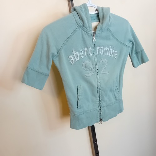 Y2K Abercrombie Kids Girl Embroidered Double Zip Hoodie Aqua 3/4 Sleeve Casual L - Picture 4 of 12
