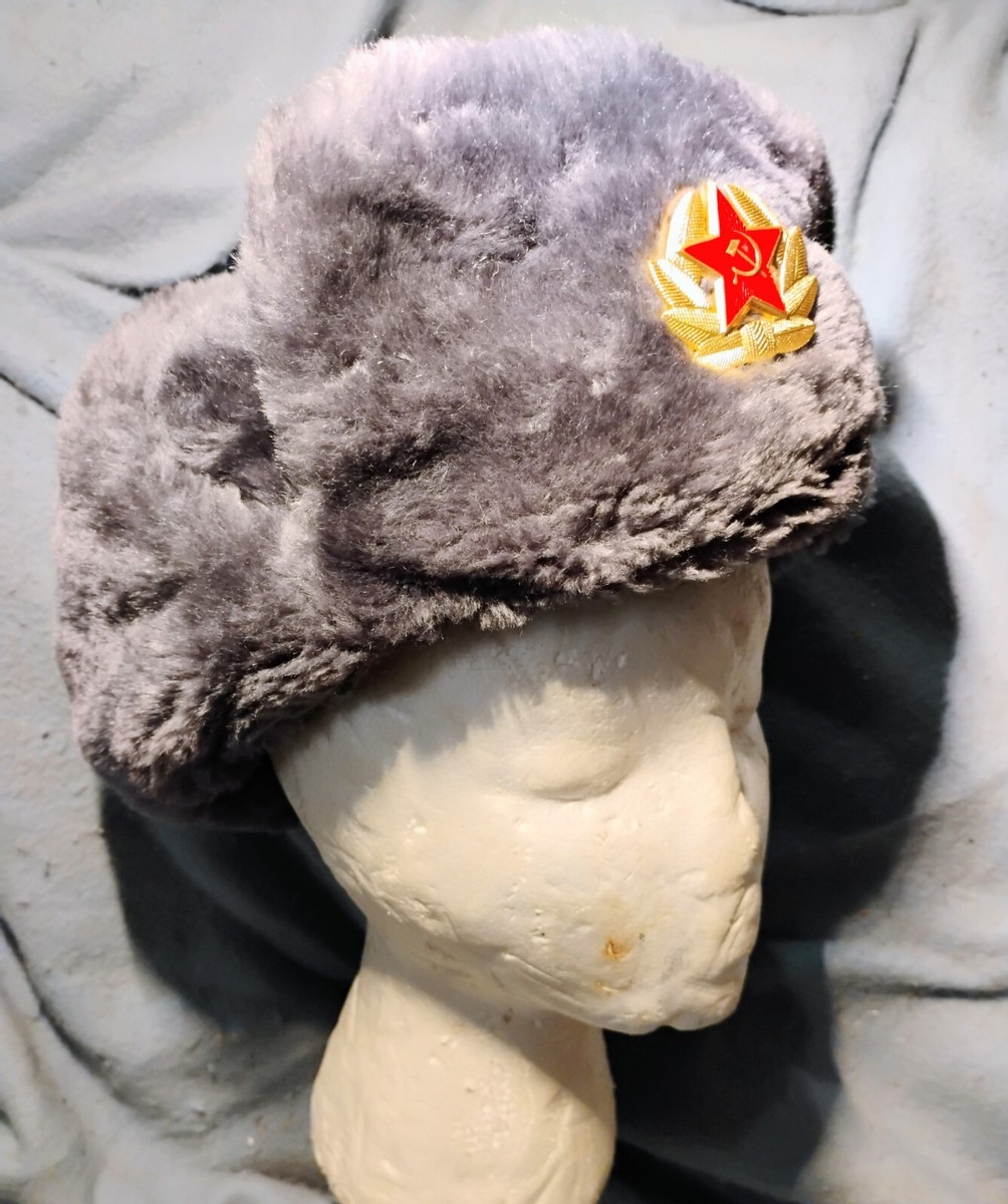 Russian Soviet Ushanka Winter Hat with Military Badge, Size 60
