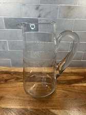 HAND BLOWN CRYSTAL ETCHED PITCHER  48oz OPEN LIP CRYSTAL APPLIED HANDLE