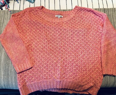 AE American Eagle 3/4 Sleeve Marled Cotton Crewneck Pink Sweater