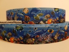 Grosgrain Ribbon Fish Under the Sea Turtles Creatures Nautical Ocean Explore 1"