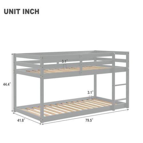 Twin over Twin Size Floor Bunk Bed Wooded Bed Frame Heavy Duty for Kids Teen US - Picture 2 of 5