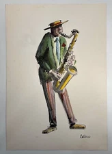 Vintage John Pellerano Jazz Motif Lithograph Art Print Baritone Sax 12" x 17.5"