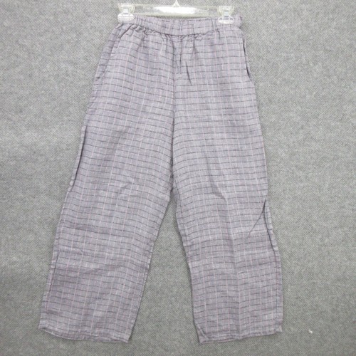FLAX Designs Linen Pants P Plaid Gray Floods Pull-On Elastic Waist With Pockets