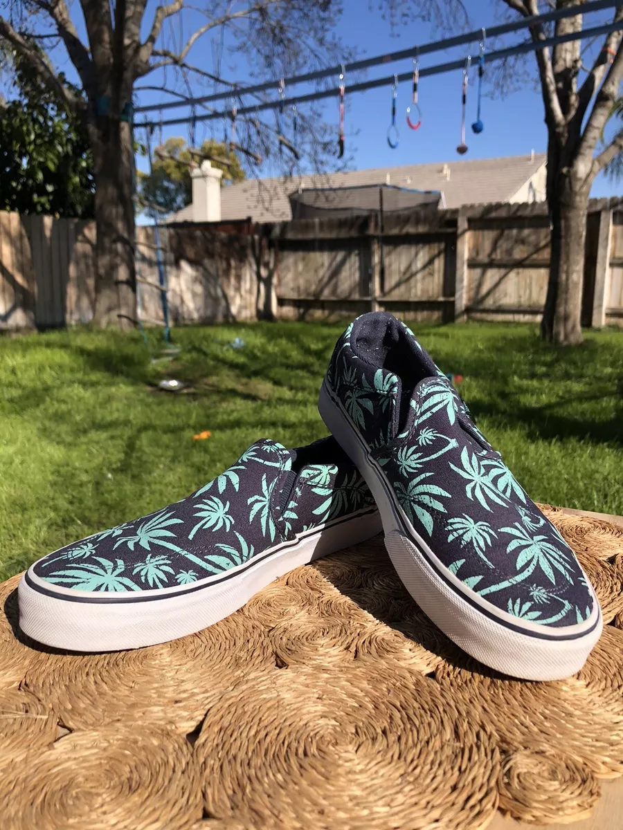 Vans Slip-on Palm Tree Print Green And Navy Blue Tropical Womens Size 8.5 | eBay