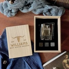 Engraved 270ml Whiskey Glass  3 Ice Stones Set Wooden Box