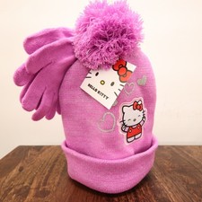 Hello Kitty hat gloves set Sanrio pink knit pom pom hearts fleece lined One Size