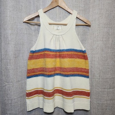Caslon Women's Sleeveless Halter Neck Tank Top Size M Striped Knit 100% Cotton