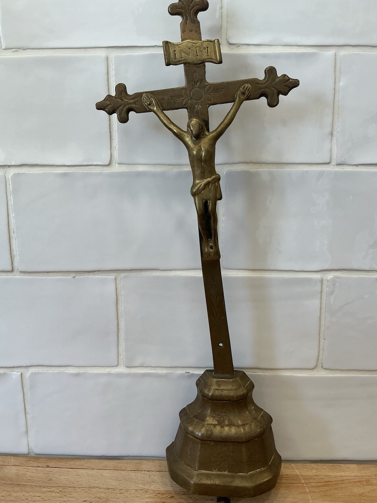Beautiful Vintage Brass Crucifix Croix Cross Altar Religious Antique Jesus Deco
