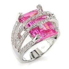 Women's Ring, Rose CZ, Rhodium Plated, Sterling Silver, Statement, Pink Stone