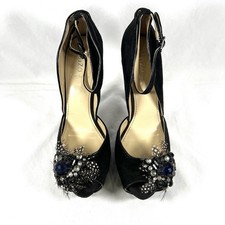 Enzo Angiolini Black Suede Stiletto Heels Feather Rhinestone Peep Toe Glam 9M