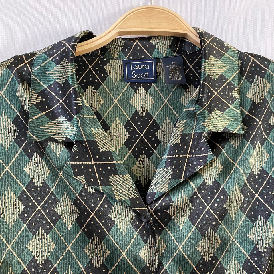 De Colección Blusa Laura Scott & Jayne Abotonada Mujer 12 Lote de 2 Dorado Verde Dinero Antiguo Foto 4 de 4