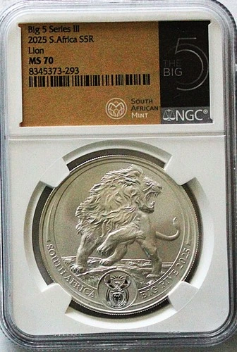 2025 THE BIG FIVE LION SERIES III1oz SILVER SOUTH AFRICA 5 RAND NGC MS70 COA OGP
