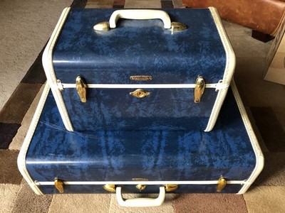 1940s Set of 2 Samsonite Shwayder Bros Suitcase + Makeup Case Marble Blue