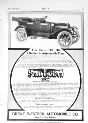 1911 Ad (10 X 13 3/4 inches) Great Western Automobile Co Peru IN 1912 Model 40