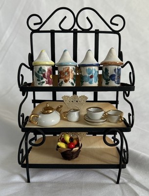 Vintage Dollhouse Kitchen Baker's Rack & Porcelain Accessories - 1:12 Scale