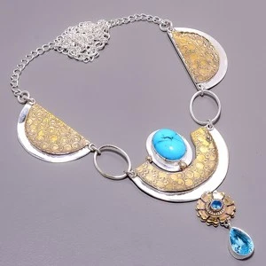 Collar Hecho a Mano Magnesita Turquesa Plata de Ley 925 Dos Tonos 17.99" T78 Foto 3 de 4