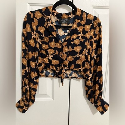 MINKPINK Navy and Brown Floral Crop Blouse. size XS. NWOT
