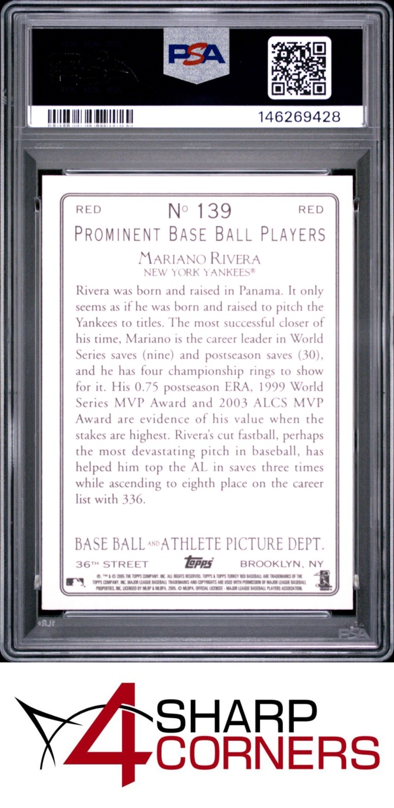 2005 TOPPS TURKEY RED #139 MARIANO RIVERA HOF POP 1 PSA 10 view 2
