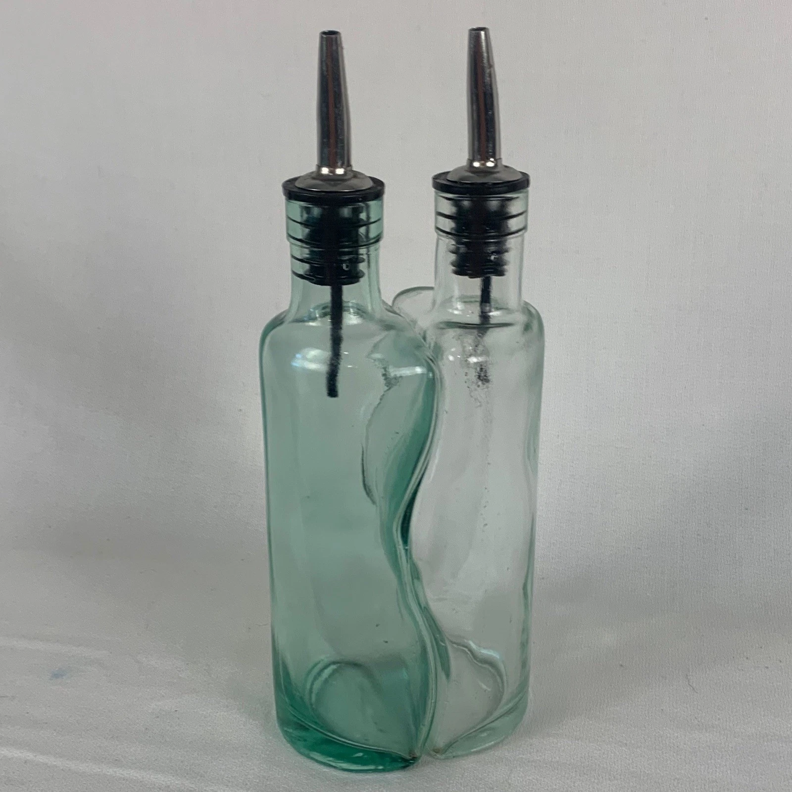VINTAGE VETRERIA ETRUSCA WAVY OIL & VINEGAR BOTTLES WITH SPOUTS SET ITALY