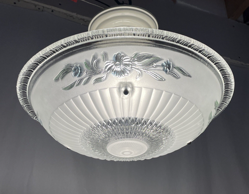 Vtg LARGE 14" Art Deco MCM Semi Flush Mount Glass Ceiling Light 1920 30s 40s 50s - Picture 18 of 20