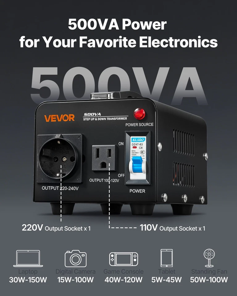 VEVOR Trasformatore Tensione Elevatore Riduttore 220V -110V 110V-220V 500 VA - Immagine 4 di 4