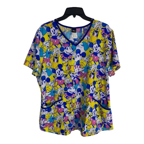 Disney Womens Scrub Shirt Adult Size xl Goofy Mickey Mouse Short Sleeve Yellow - Picture 4 of 7