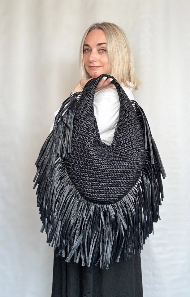 Bolso Hobo con Flecos de Rafia Natural, Bolso de Hombro con Flecos, Bolso en Forma de Media Luna Foto 2 de 4