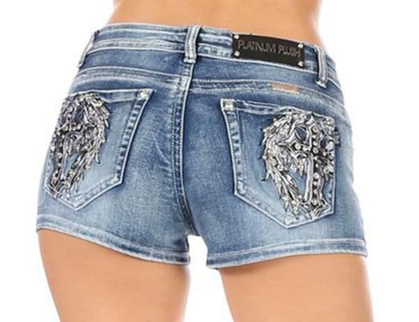 Ladies Rhinestone Denim Shorts with Cross Design on Pocket #4546