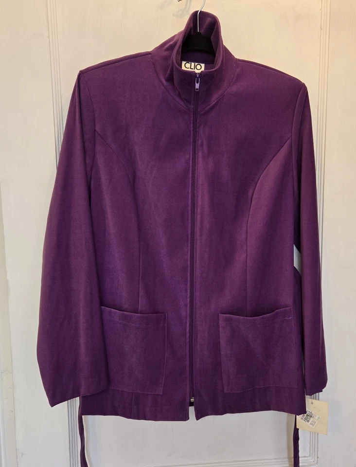VTG W/ Tags Clio Women's Belted Light Jacket Full Zip Suede Feel Purple Medium - Image 4 of 4