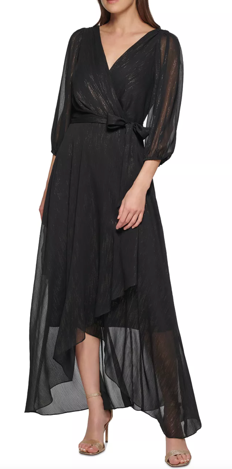 Dkny V-Neck Shiny-Foil Faux-Wrap Gown Black Gold L65908 Womens Size 8