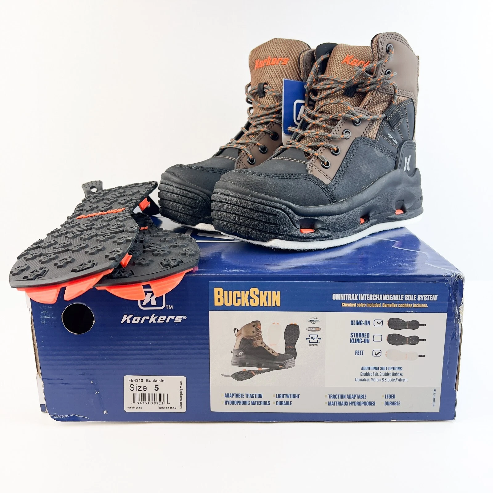 Korkers Buckskin Wading Boots Mens Size 5 - with Felt & Kling-On Soles