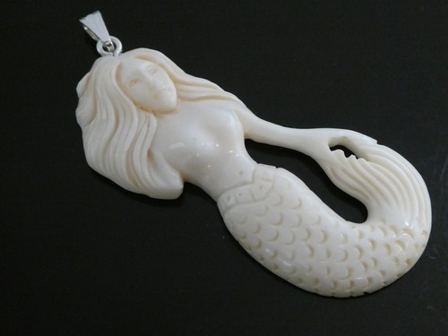 Siren Mermaid Sterling 925 Water Buffalo Bubalus Bubalis Bone Pendant & Cord - Picture 5 of 12