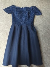 Chi Chi London Navy Lace Dress Size 10 off the shoulder lace bodice fit & flare